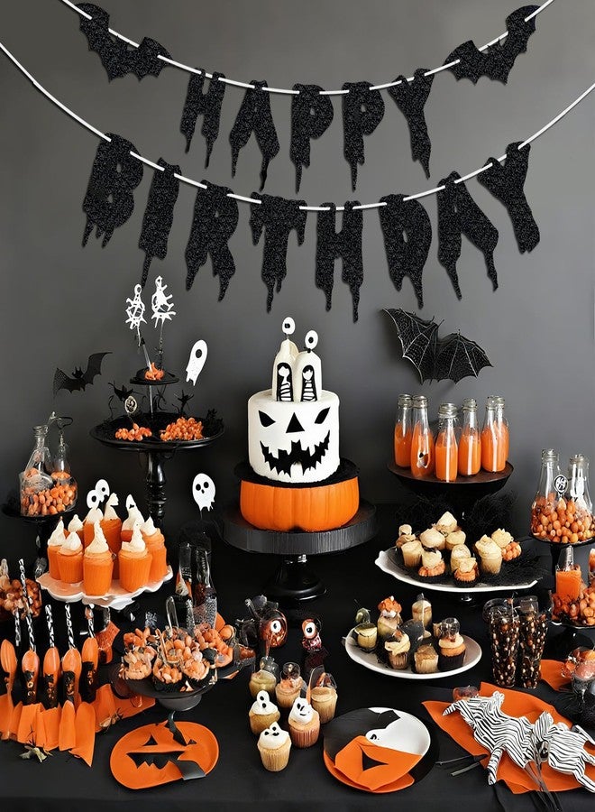 Morofme Glitter Black Happy Birthday Banner Halloween Birthday Sign Bat Banner Glitter Halloween Horror Themed Hanging Paper Garland Banners Decorations for Kids Boy Girl Party Supplies - Image 4
